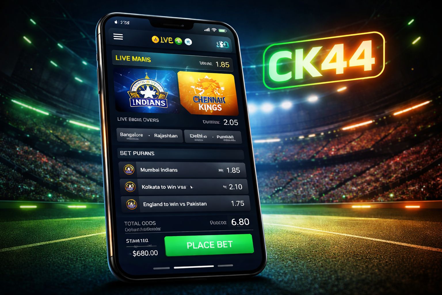 CK44 sports betting screen with live cricket odds and bet slip