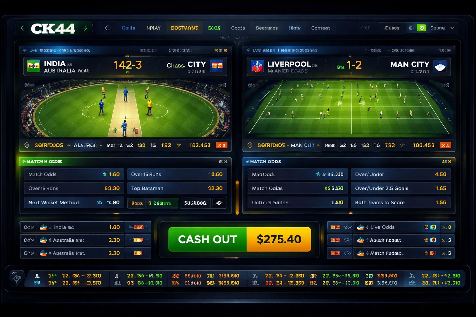 CK44 live betting dashboard showing cricket odds and football markets
